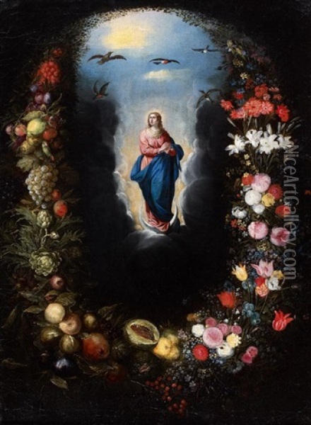 L'ascension De La Vierge Dans Une Guirlande De Fleurs, De Fruits Et De Legumes Oil Painting - Jan Brueghel the Elder