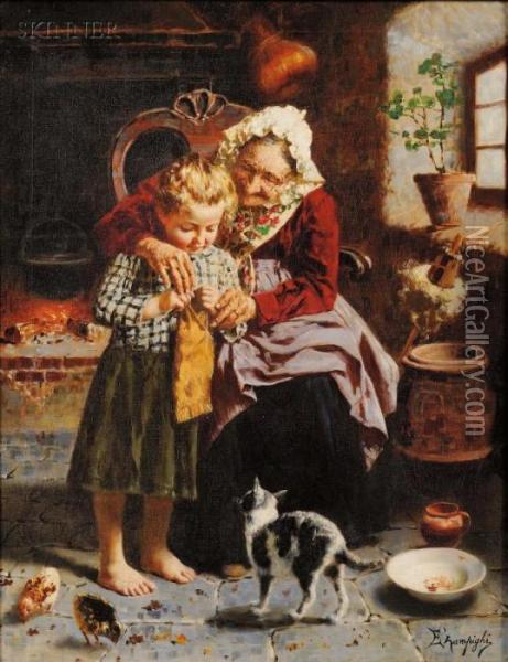 The Knitting Lesson Oil Painting - Eugenio Zampighi