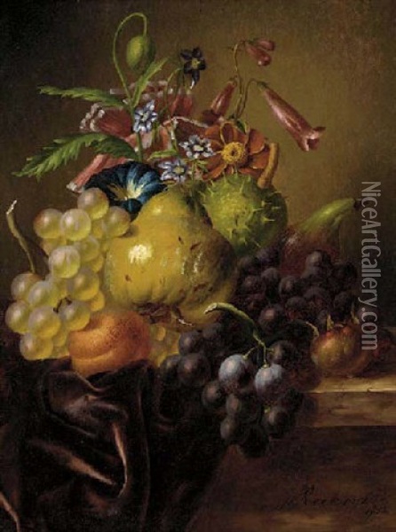 Grapes On The Vine, A Pear, A Peach, A Fig, A Horse Chestnut And Assorted Flowers On A Draped Stone Ledge Oil Painting - Johannes Reekers