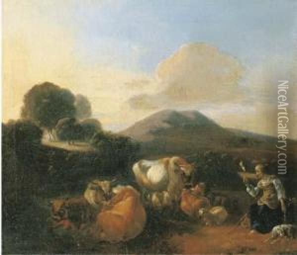 An Italianate Landscape With Shepherds With Goats, Sheep And Cattleresting By A River Oil Painting - Willem Romeyn