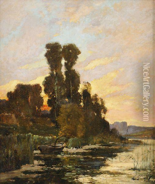 Paysage A La Barque Aux Alentours De Champigny Oil Painting - Eugene Galien-Laloue