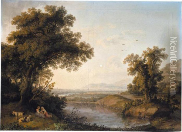 An Italianate Landscape With 
Shepherdesses Resting Beside A Pond, A Bay In The Distance Beyond Oil Painting - Jacob Philipp Hackert