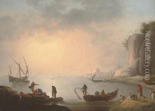 A Mediterranean Coastal Inlet With Fishermen By The Shore, A Port Beyond Oil Painting - Claude-joseph Vernet