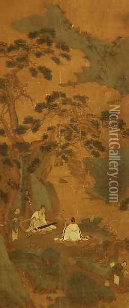 Two Scholars playing the Qin and Erhu under a Pine Tree Oil Painting - Ying Qiu