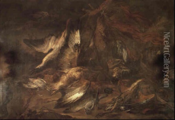 Spaniels With A Hunter's Catch Of Various Birds In A Wooded Landscape Oil Painting - Gaetano Cusati