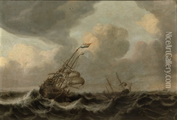 Dutch Men O' War In Rough Seas Oil Painting - Cornelis Leonardsz Stooter