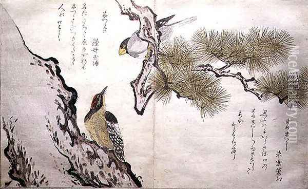 Hawfinch and a Woodpecker, from an album Birds compared in Humorous Songs, 1791 Oil Painting - Kitagawa Utamaro