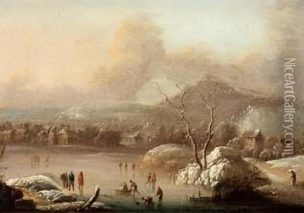 Winter Landscape With Figures In Theice Oil Painting - Johann Christian Vollerdt or Vollaert