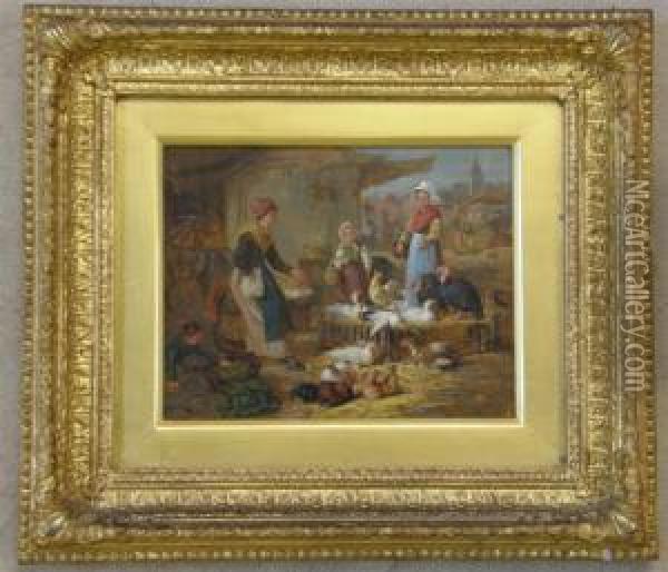 With Figures, Turkeys, Geese Oil Painting - Henry Charles Bryant
