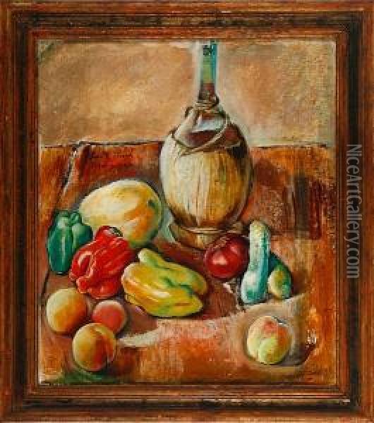 A Still Life With A Wine Bottle, Fruits And Vegetables. Signed. Dated Firenze -27 Oil Painting - Svante Bergh