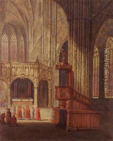 Aerschot Cathedral, Belgium Oil Painting - Alfred Bentley