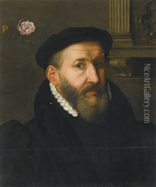 Portrait Of A Gentleman Wearing A Black Beret And A White Collar Oil Painting - Willem Key