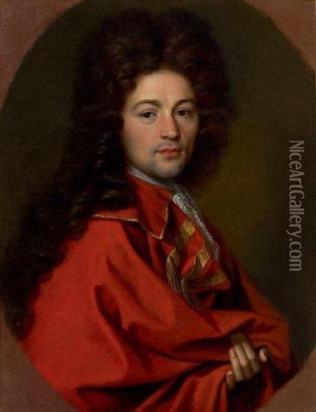 Portrait De Gentilhomme En Habit Rouge Brode D'or Dans Un Ovalepeint Oil Painting - Jean-Charles Nocret