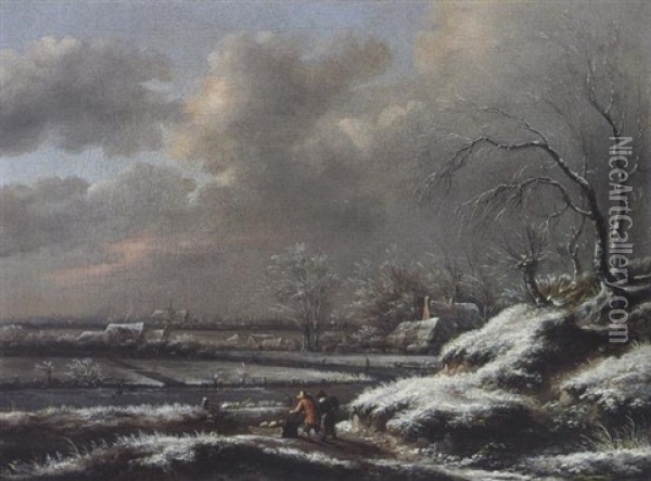 A Winter Landscape With A Man Pushing A Sledge, A View Of Haarlem With The Cathedral Of St. Bravo Beyond Oil Painting - Nicolaes Molenaer