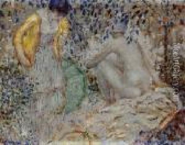 Two Women On The Grass Oil Painting - Frederick Carl Frieseke