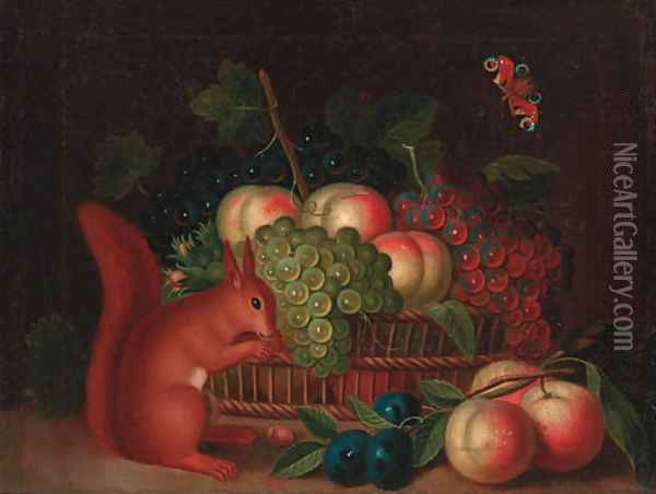 A basket of grapes and peaches, with plums and peaches and a squirrel eating nuts on a ledge Oil Painting - William Sartorius