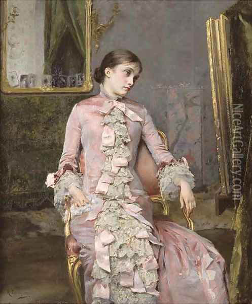 Seated woman in pink Oil Painting - Rogelio De Egusquiza Barrena