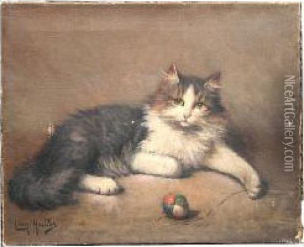A Cat Playing With A Ball Oil Painting - Leon Charles Huber