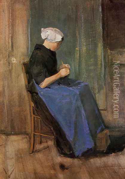 Young Scheveningen Woman Knitting Oil Painting - Vincent Van Gogh