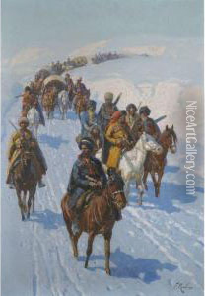 Caravan Advancing Through The Snow Oil Painting - Franz Roubaud