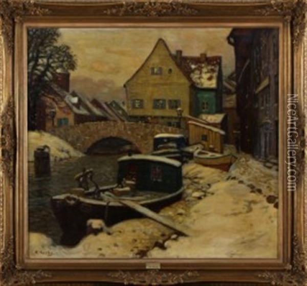 Winterliche Altstadtszene  Mit Brucke Und Fluss Oil Painting - Hans Hartig