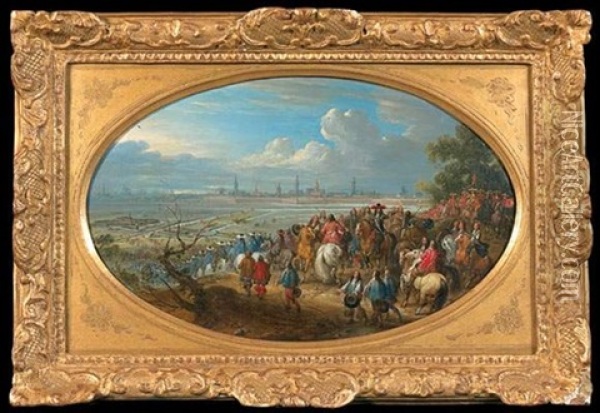 Le Roi Louis Xiv Entoure De Son Etat-major Devant La Ville D'arras Oil Painting - Adam Frans van der Meulen