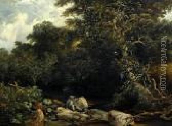 Boy Fishing In A Woodland Stream Oil Painting - William James Muller