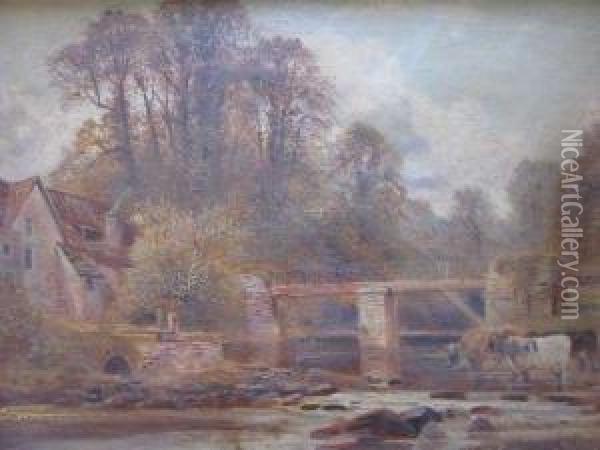 Cattle Watering At The Ha'penny Bridge On The Frome Atstapleton Oil Painting - William Vivian Tippet