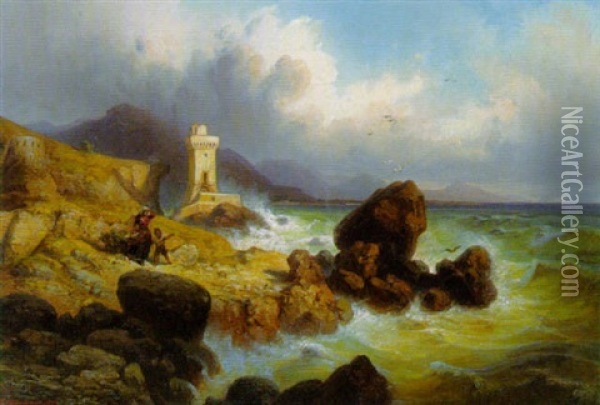 Italienische Kustenlandschaft Mit Leuchtturm Bei Aufziehendem Unwetter Oil Painting - Ferdinand Bellermann