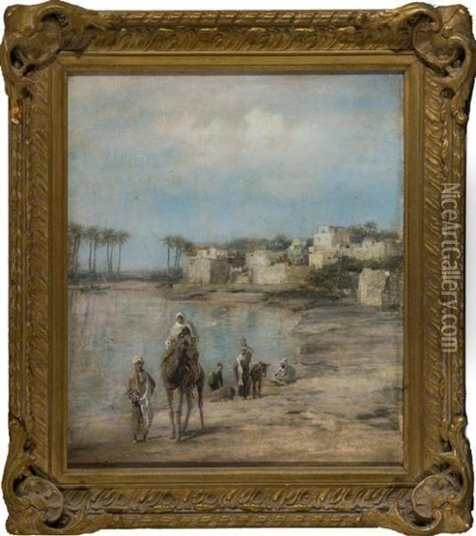 Middle Eastern Scene With People Nearwater And Figure On Camel Oil Painting - Johann Christoph Frisch