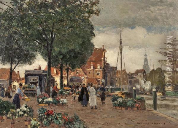 Blumenmarkt Inamsterdam Oil Painting - Heinrich Hermanns