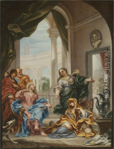 Christ In The House Of Martha And Mary Oil Painting - Paolo Girolamo Piola
