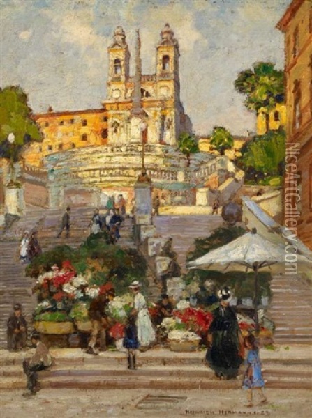 Blumenmarkt An Der Spanischen Treppe In Rom Oil Painting - Heinrich Hermanns