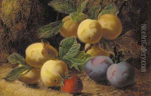Plums and a strawberry on a mossy bank Oil Painting - Oliver Clare