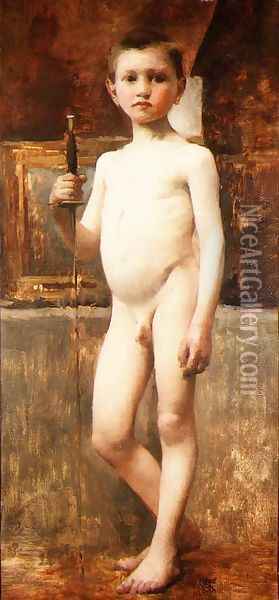 Nude Boy with Sword Oil Painting - Franz von Stuck