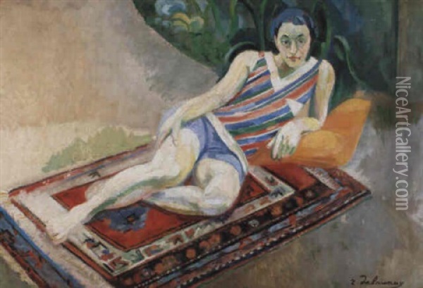 Portrait De Femme Sur Un Tapis Oil Painting - Robert Delaunay
