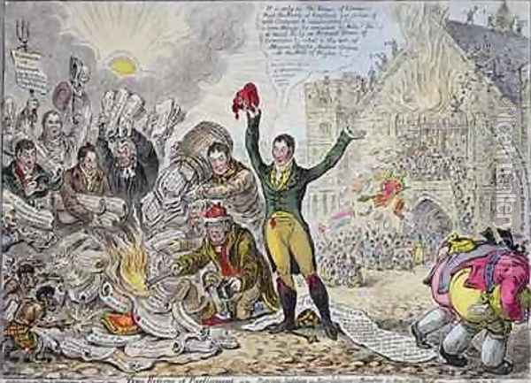 True Reform of Parliament ie Patriots lighting a Revolutionary Bonfire in New Palace Yard 2 Oil Painting - James Gillray