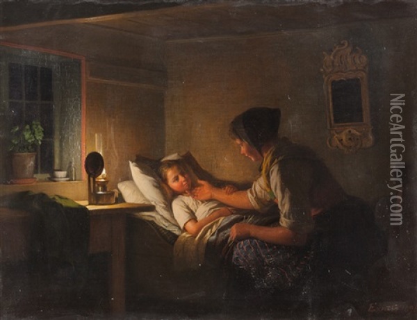 Am Krankenbett Des Kindes Oil Painting - Johann Julius Exner