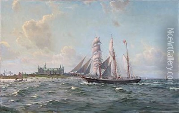 Summer Day With Sailing Ships Off The Coast Of Kronborg Castle In Denmark Oil Painting - Christian Benjamin Olsen