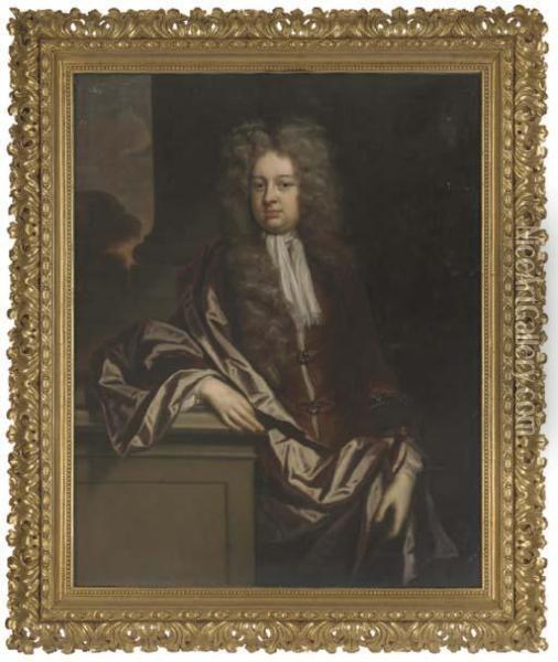 Portrait Of A Gentleman, 
Three-quarter-length, In A Brown Coat Andwrap, His Right Arm Resting On A
 Plinth, A Landscape Beyond Oil Painting - John Riley