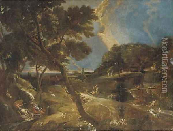 An extensive landscape with a stag hunt Oil Painting - Pieter Meulener