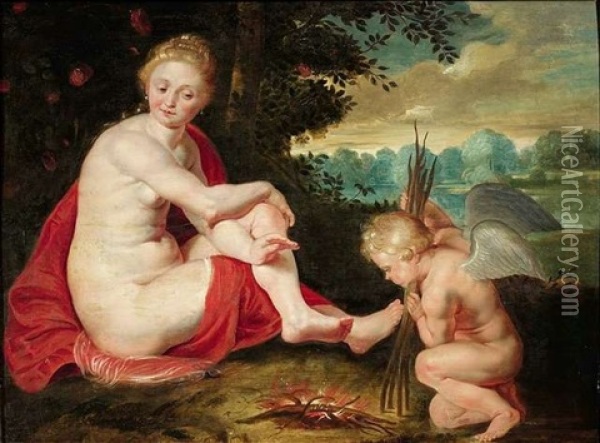 Venus Und Amor, Der Das Feuer (der Liebe) Entfacht, An Dem Sich Seine Mutter Warmt Oil Painting - Jan Van Balen