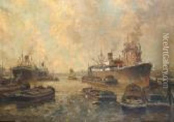 Cargo Ships, Thought To Be At Rotterdam Harbour. Oil Painting - Gerardus Johannes Delfgaauw