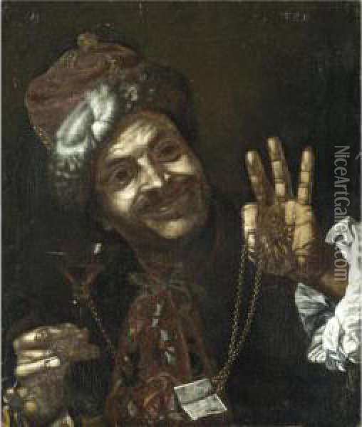 Portrait Of A Smiling Man Holding Up A Wine-glass And A Gold Chain Oil Painting - Pietro Bellotti