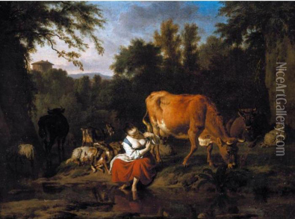 A Classical Landscape With A 
Herding Girl Seated By A Stream With Cattle, Sheep And Goats Behind Her Oil Painting - Adrian Van De Velde