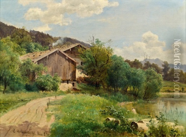 Bauernhof Am See Oil Painting - Ludwig Georg Eduard Halauska
