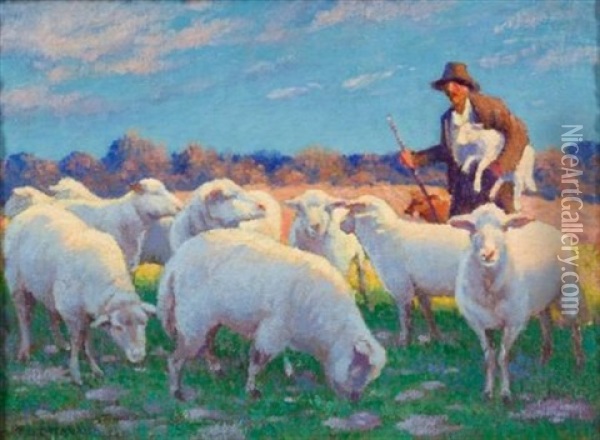Shepherd And His Flock Oil Painting - Thomas G. de Laurier