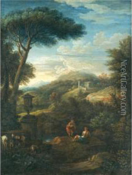An Italianate Landscape With Shepherds Resting With Their Flock By A Stream Oil Painting - Jan Frans van Son