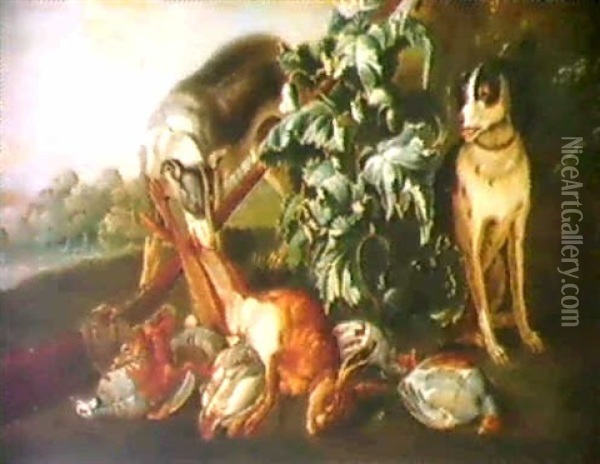 Paysage, Avec A L'avant Plan, Une Nature Morte De Gibier Et Deux Chiens Oil Painting - Alexandre Francois Desportes
