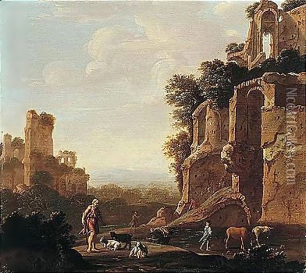 An Italianate Landscape With Herders And Animals Among Roman Ruins Oil Painting - Romeyn de Hooghe